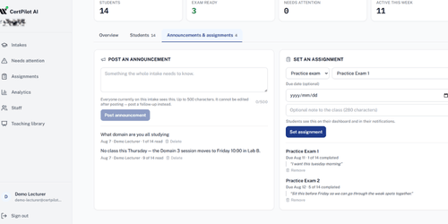 Announcements and assignments tab showing an announcement composer, posted announcements, and an assignment panel setting Practice Exam 1 with a due date.
