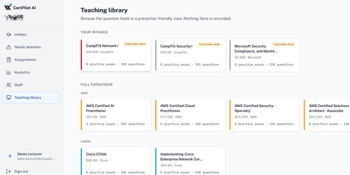 Teaching library showing the lecturer’s own intakes marked Teaching Now, and a full catalogue of AWS and Cisco certifications with practice exam and question counts.
